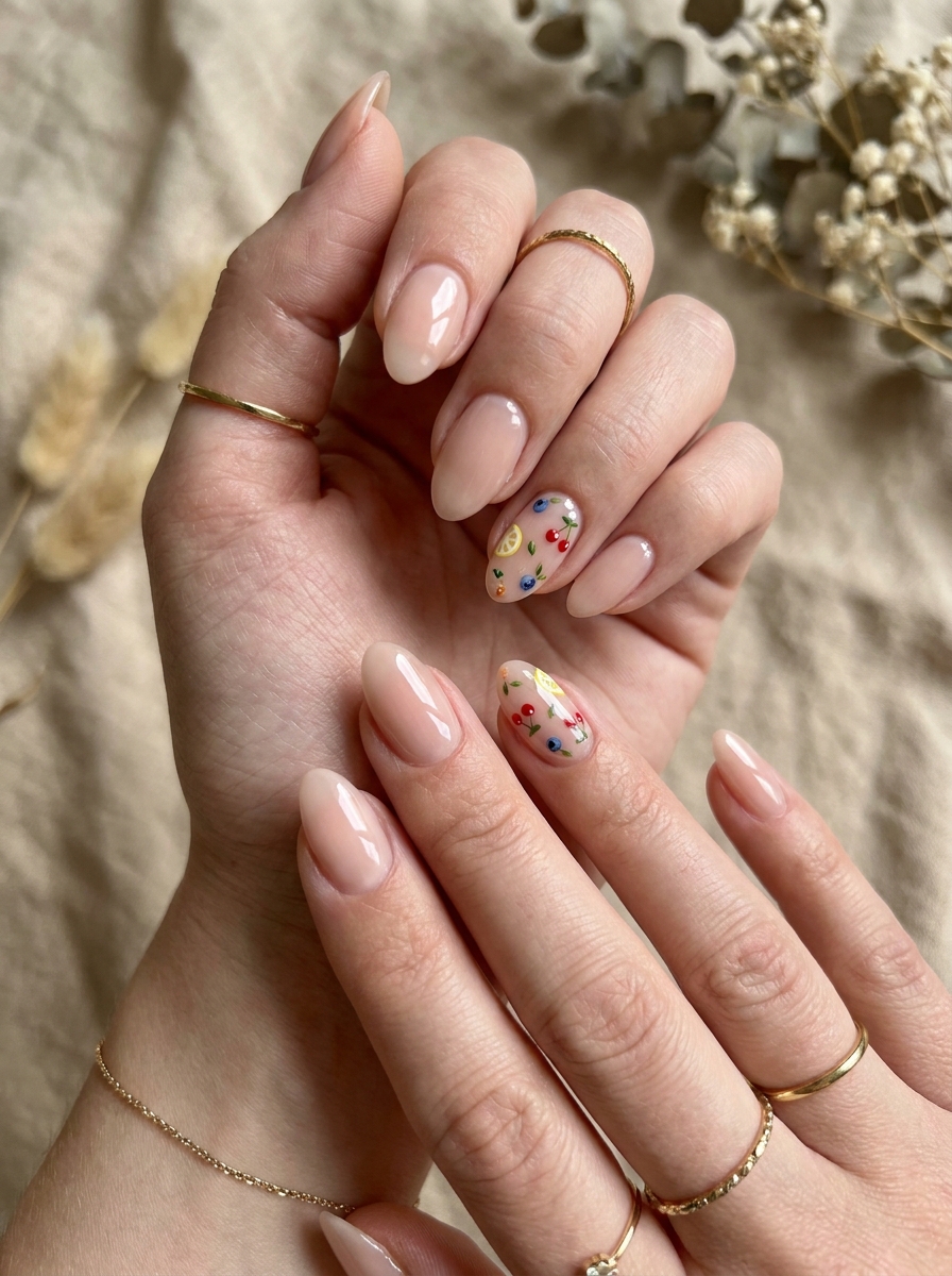 Nude Fruit Accent Nails mit kleinen Fruchtmotiven auf Nude Basis